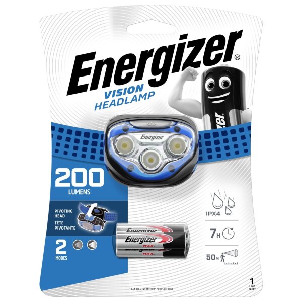 ENERGIZER® Vision HD Kopflampe inkl. 3 AAA Batterie 200 Lumen bis 50m Leuchtweite OVP beschädigt