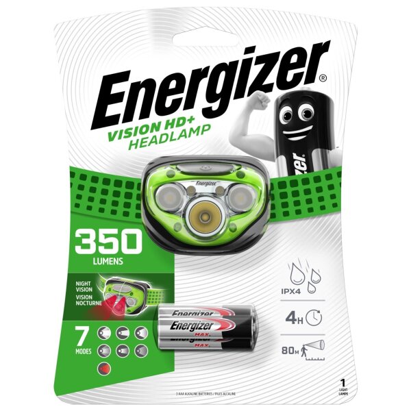 ENERGIZER® Vision HD+ Stirnlampe Kopflampe IPX4 7 Modi 350 Lumen 80m